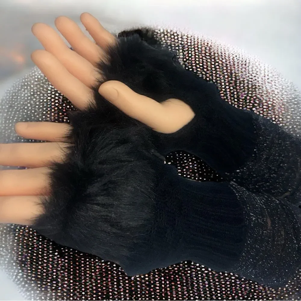 SXY l Custom Set l Elegant Black Arm Sleeves (Sheer) Fuzzy Fingerless Gloves New